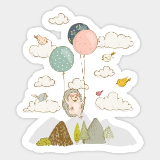 Floating Hedgehog in Sky - Whimsical Scene with Hedgehog and Birds Sticker